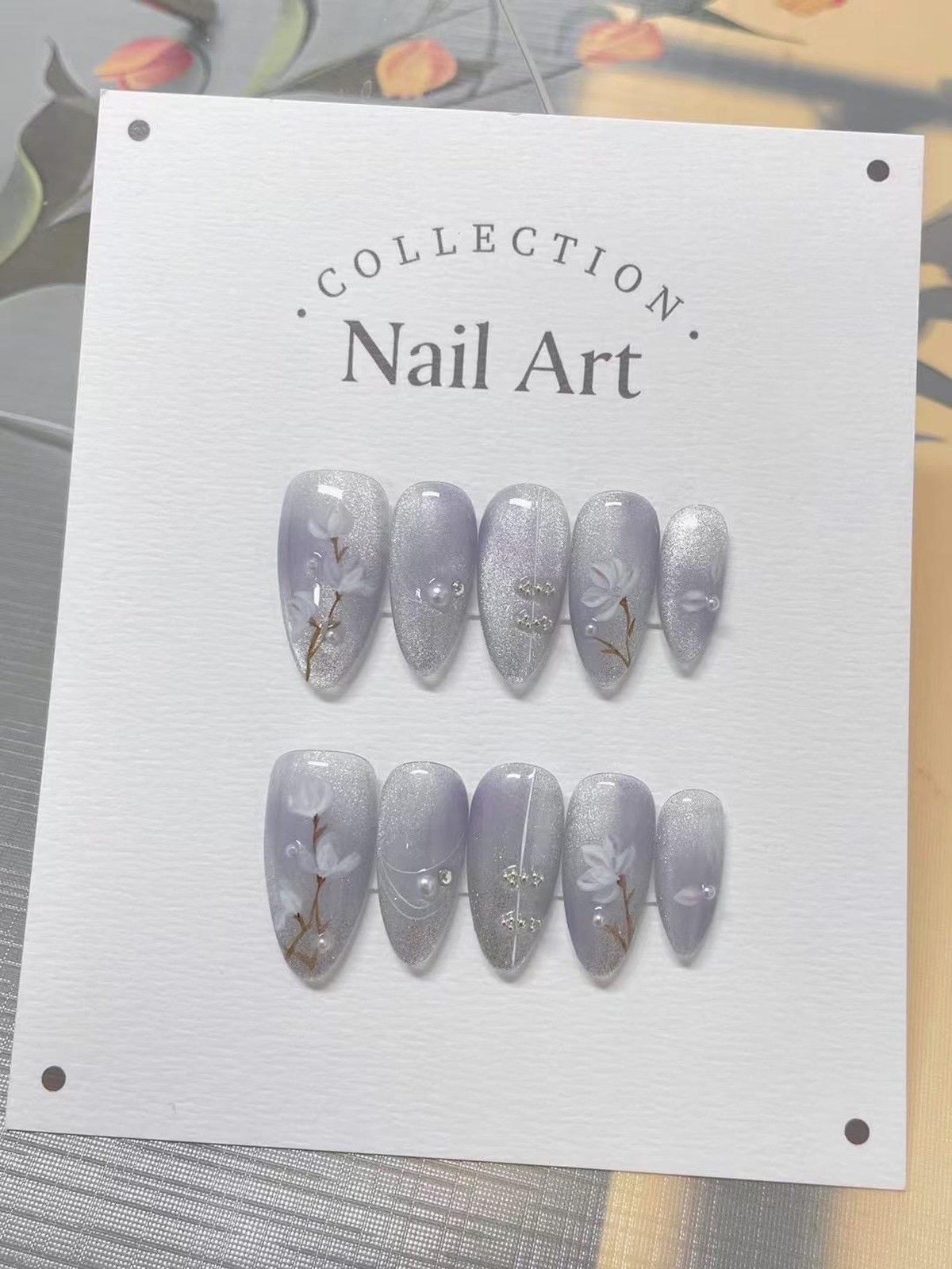 Handmade Gray Cat Eye White Floral Pearl Medium Almond Press on Nails Set