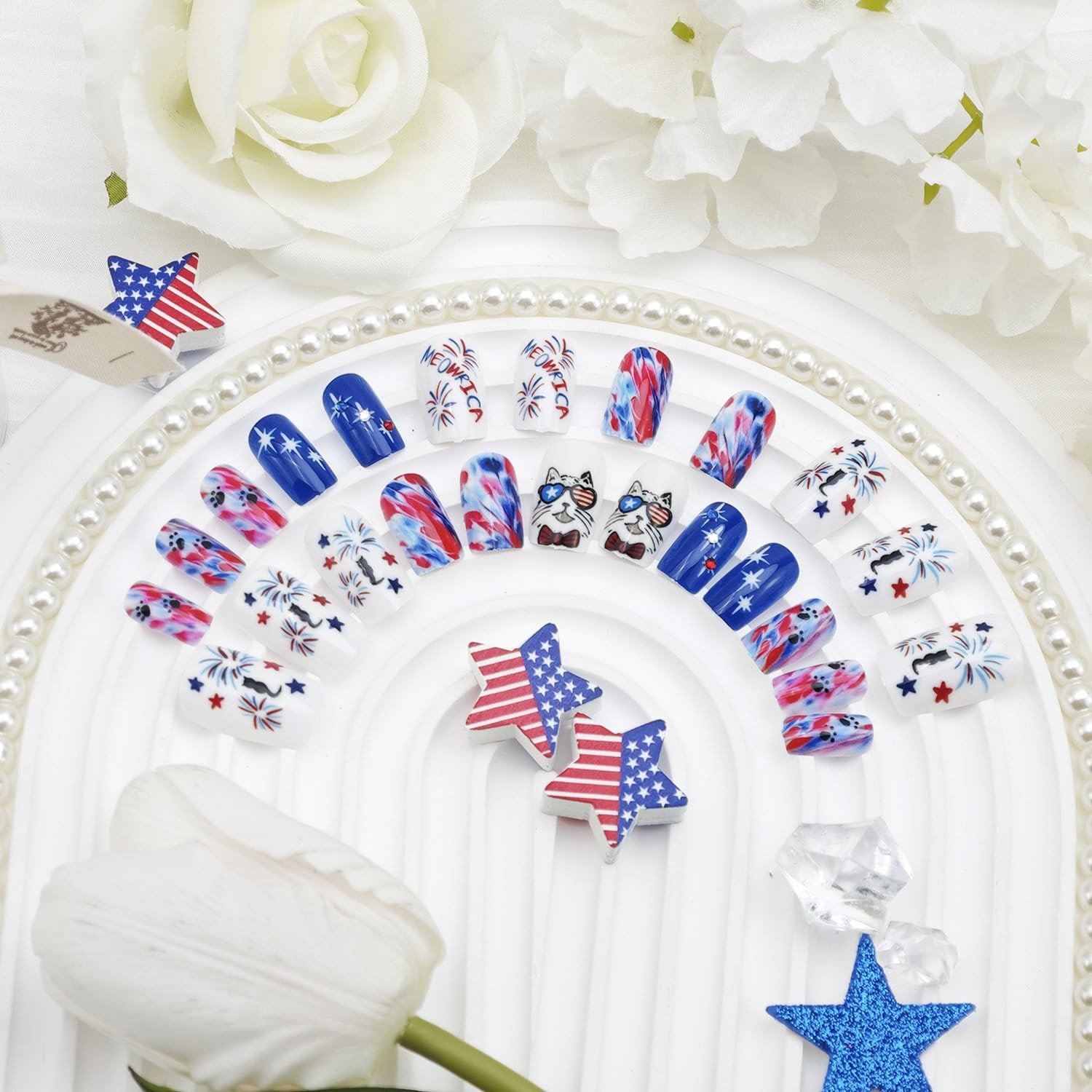 Mkwntg 4th of July Cat Star Fireworks Nails