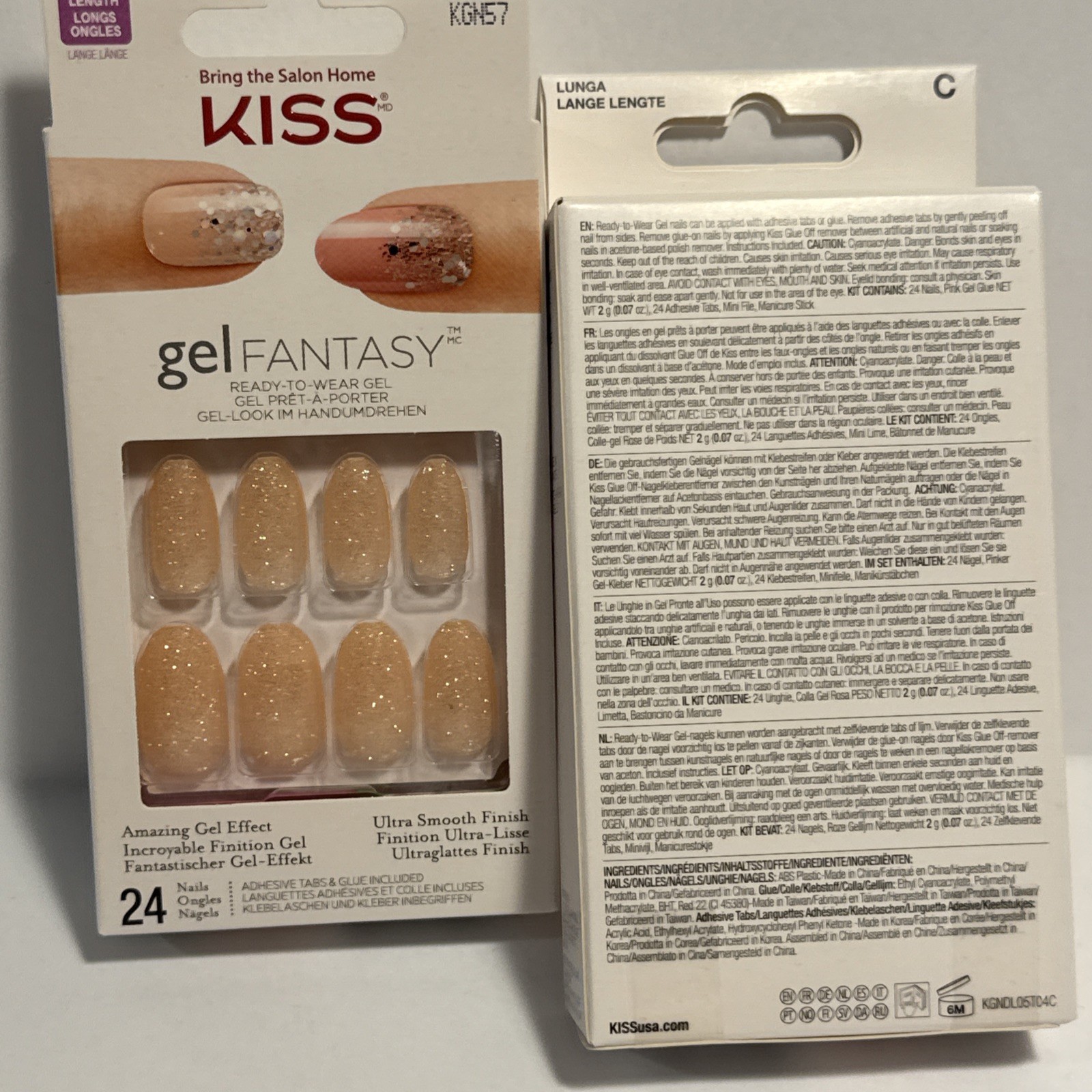 2x Kiss Glue-On Nails, Long-Length Peach Glitter Smooth Finish, 👀my Page For ++