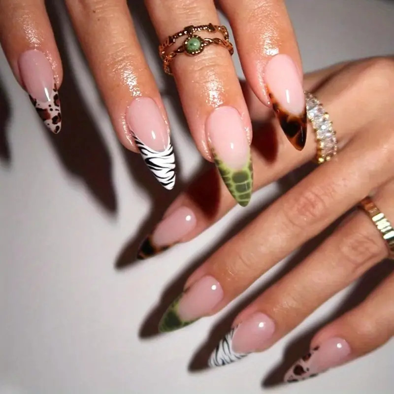 Luxury French Tip Press on Nails Almond Fake Nails Animal Print Leopard Zebra