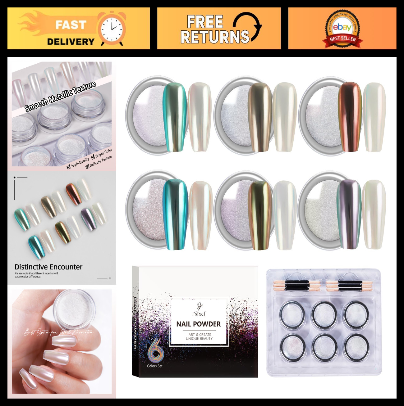 Pearl White Chrome Nail Powder Set – 6 Colors Iridescent Glitter for Gel Polish