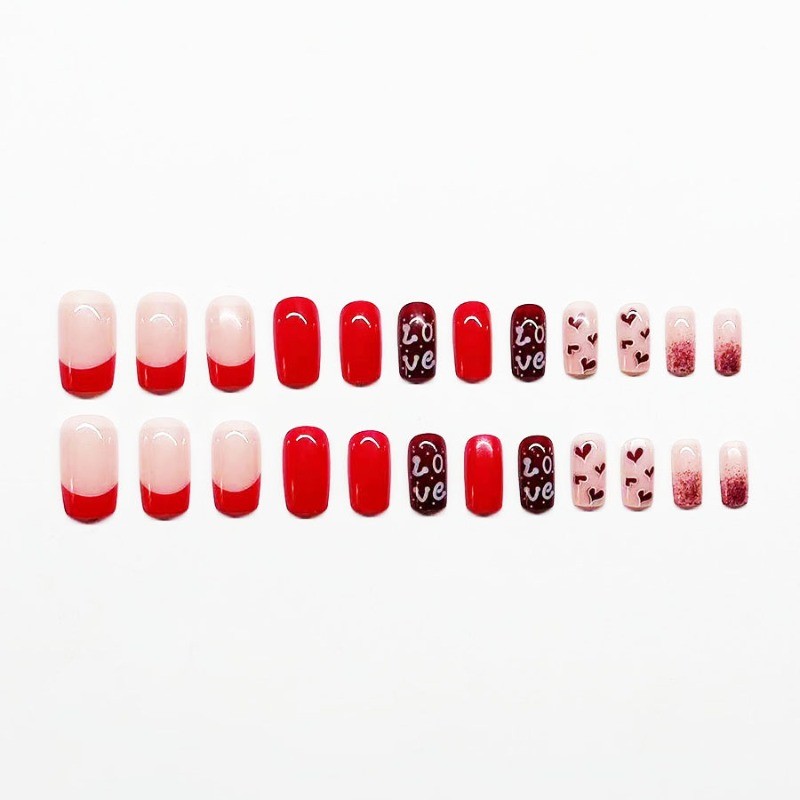 Cute Love Themed Press on Nails with Heart Prints, “Love” Lettering and Sparkle