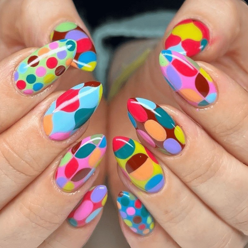 48 Pieces of Color Blocked Polka Dot Art Fake Nails – Removable Fake Nail Art