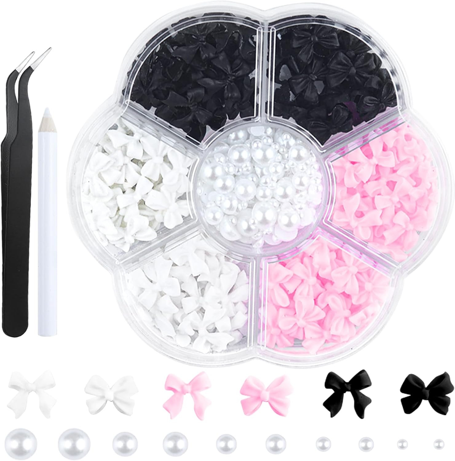 300Pcs 3D Bow Nail Charms and Flatback Pearls Set,Black White Pink Bowknot,Bo…