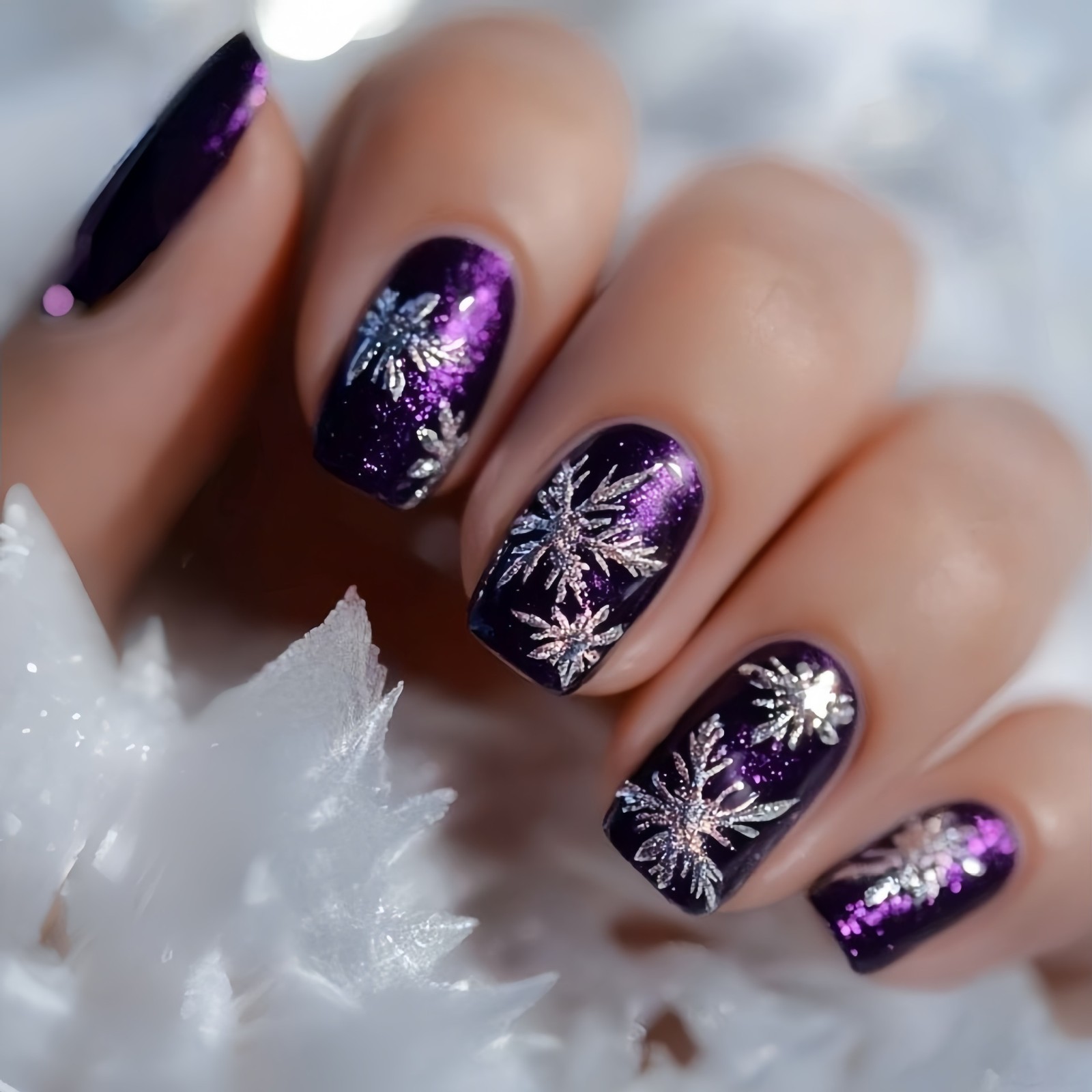 48pcs Purple Glitter Snowflake Press-On Nails Winter Christmas Festive Fake Nail