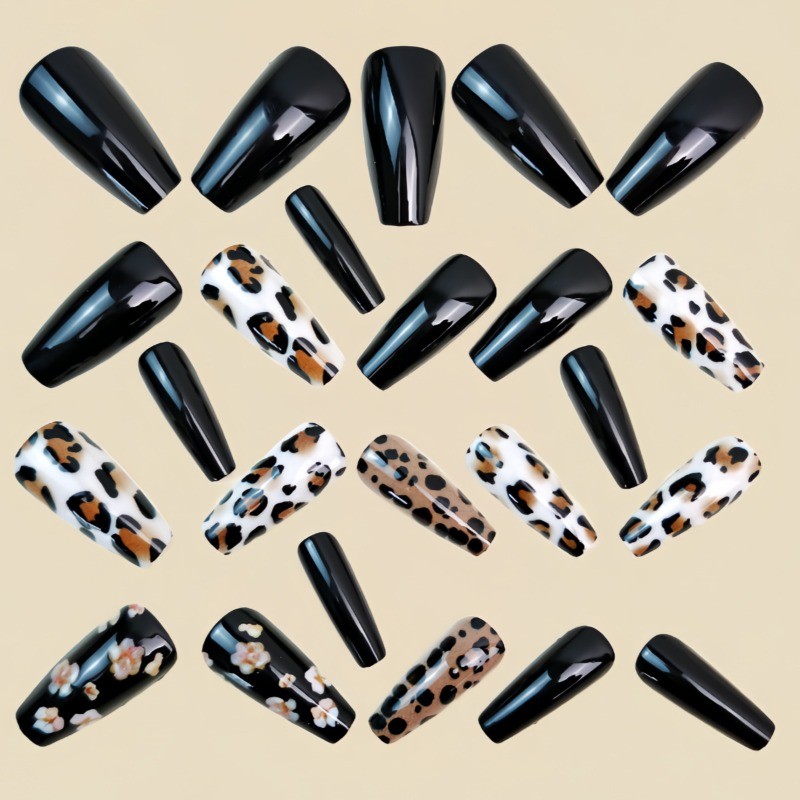 48Pcs-Black Leopard Print Press on Nails Glossy Long Coffin Nail Art Set Daily