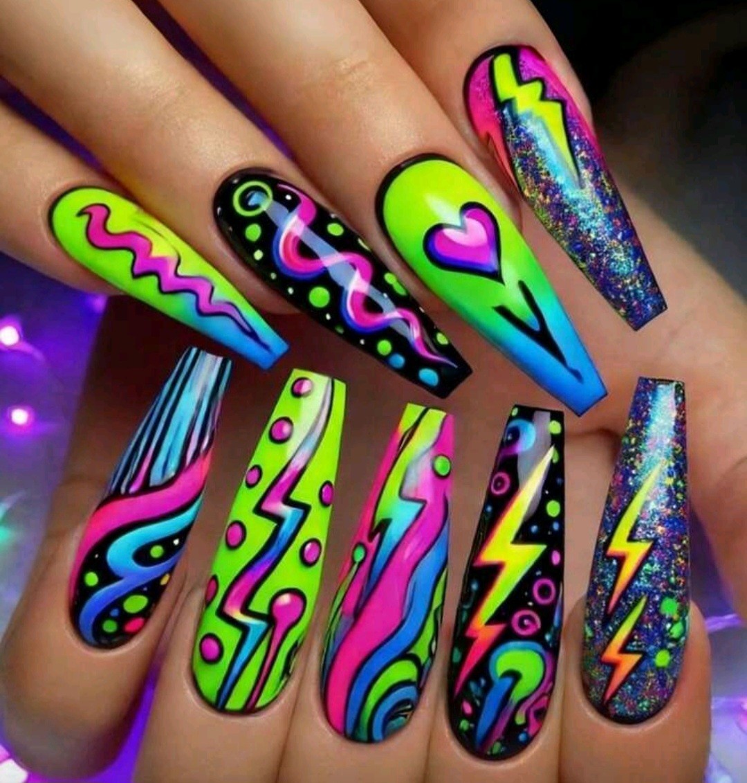 Press-On Nails Bright Green Blue Hot Pink Yellow Black Extra Long Coffin