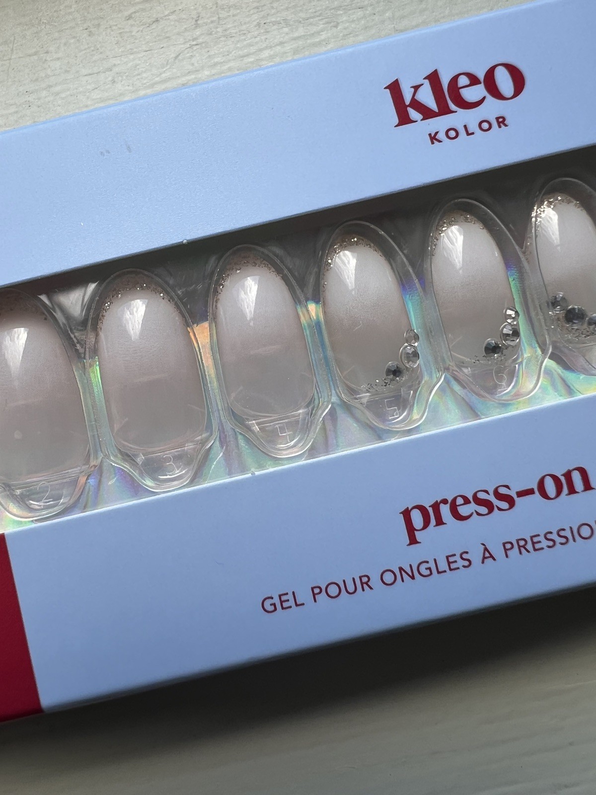 New Kleo Kolor Press-On Gel Nails 30-Pack~Diamant Jeweled French Almond Shape