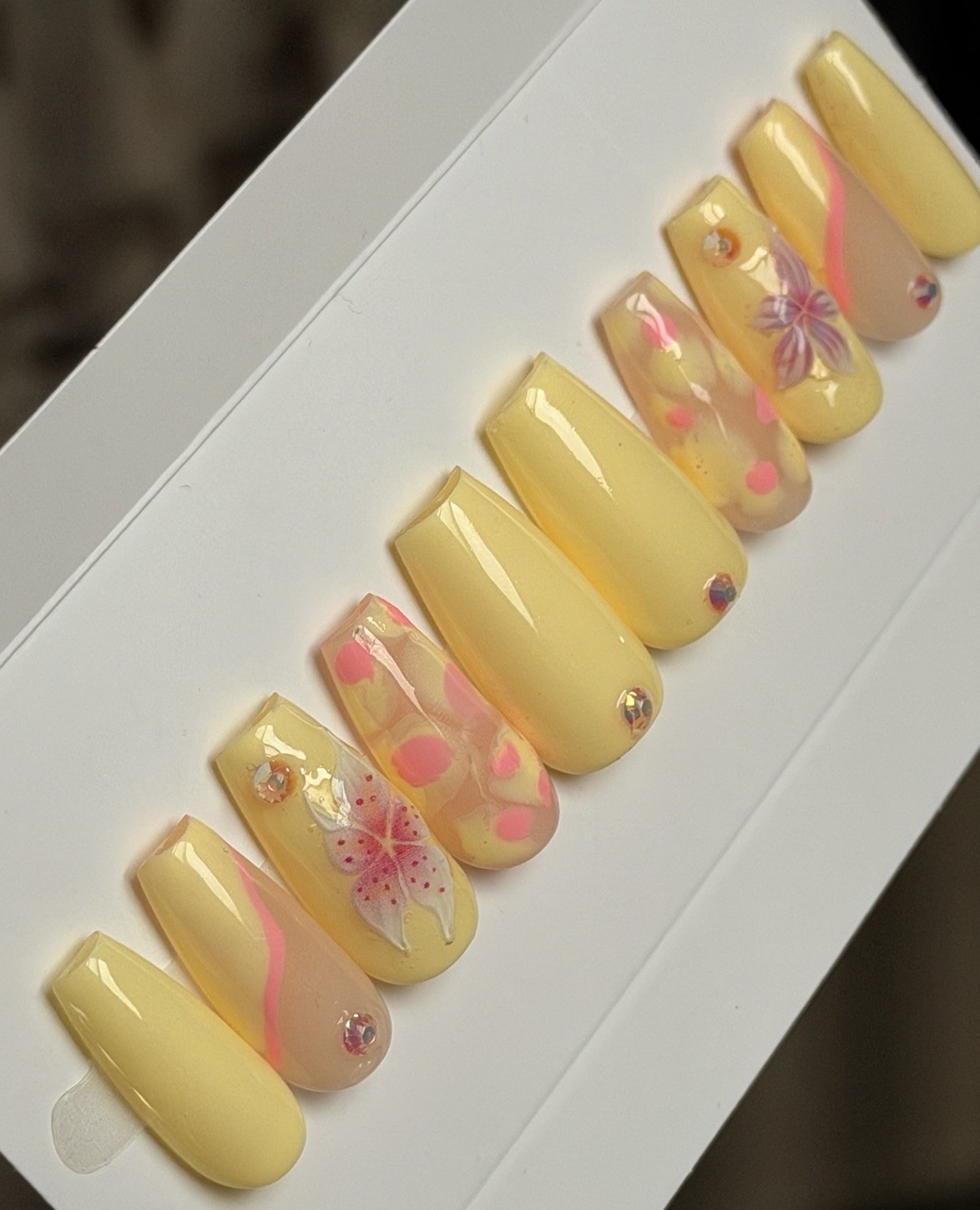 ✨ CUSTOM Press On Nails YELLOW PINK FLOWER BLING Flower 10p SET W Kit