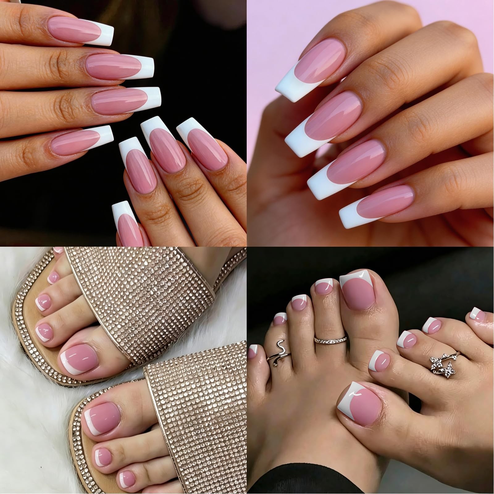 French Toe Nail Tips Set,120Pcs White Pink Full Cover Soft Square Tip Press o…