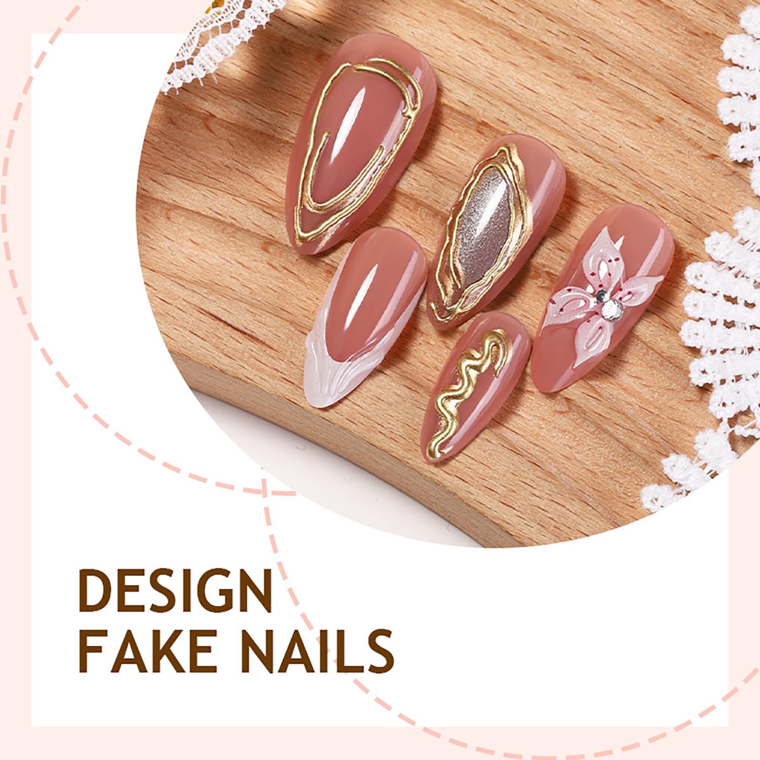 24Pcs 3D Flower Press on Nails Medium Almond Fake Nails with Rhinestones Whit…