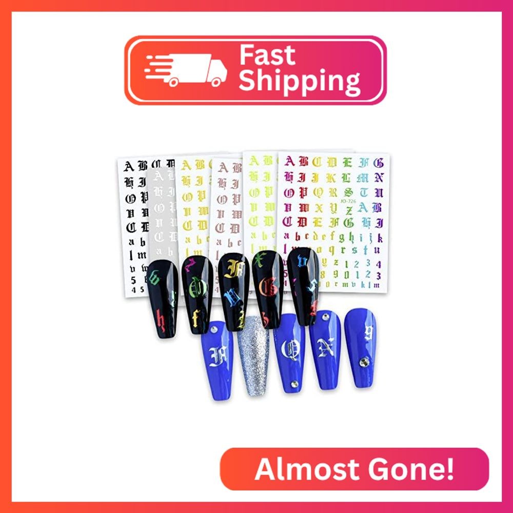12 Colors Old English Nail Art Stickers, 3D Letters Self-Adhesive Sticker Design