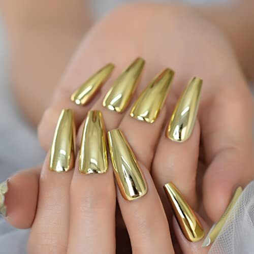Coffin Medium Uv Gel Reusable Fingernails Glossy Soild Color Golden Press On