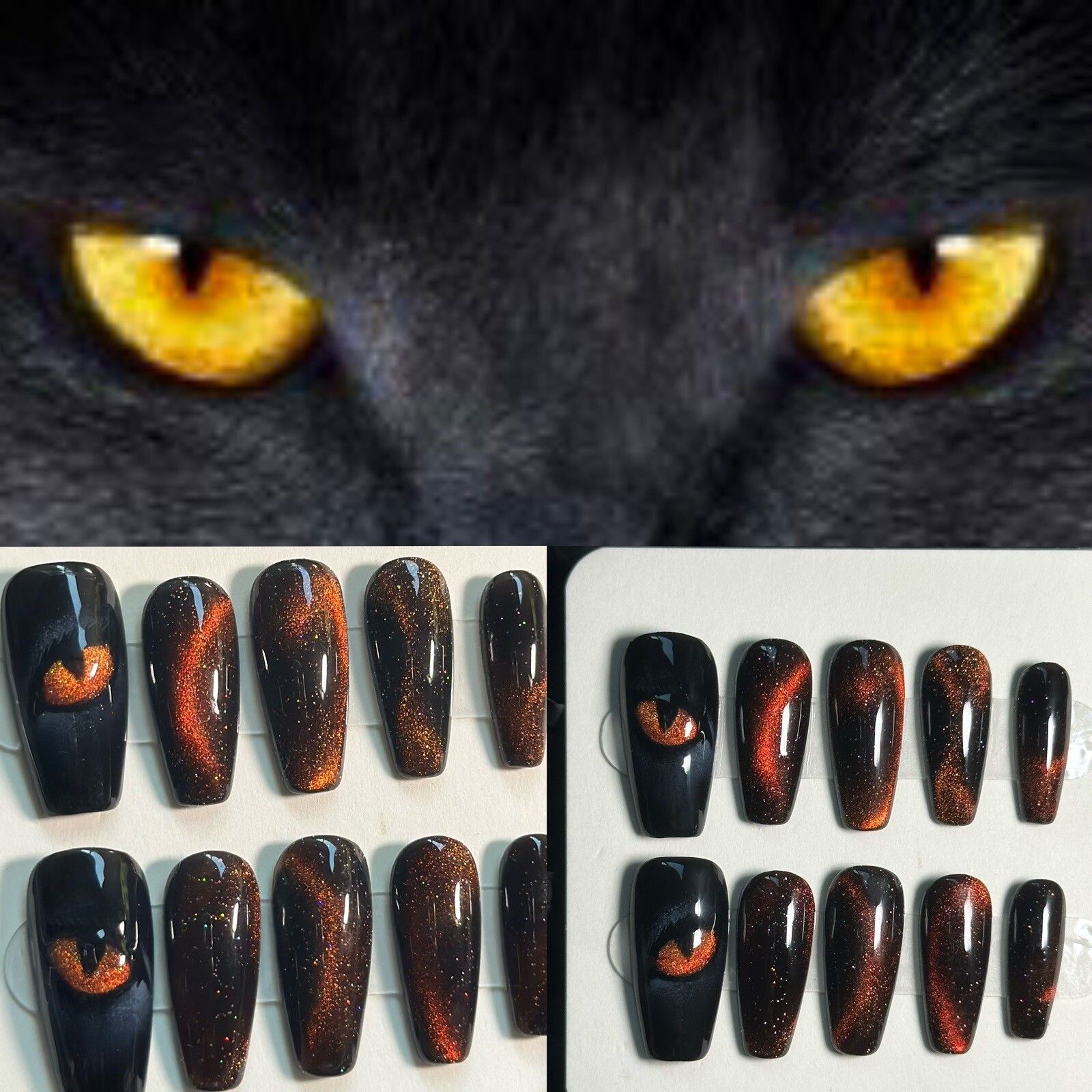CUSTOM Black cat eye Handmade press on Gel nails long coffin Nails Set Size:S