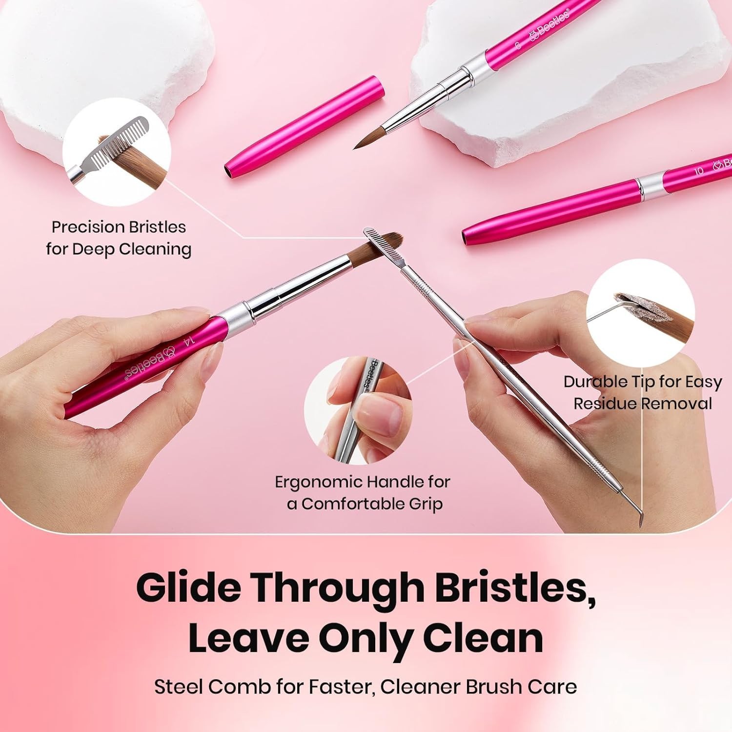 Professional Acrylic Nail Brush Set 3 Sizes with Steel Comb for Easy Cleaning