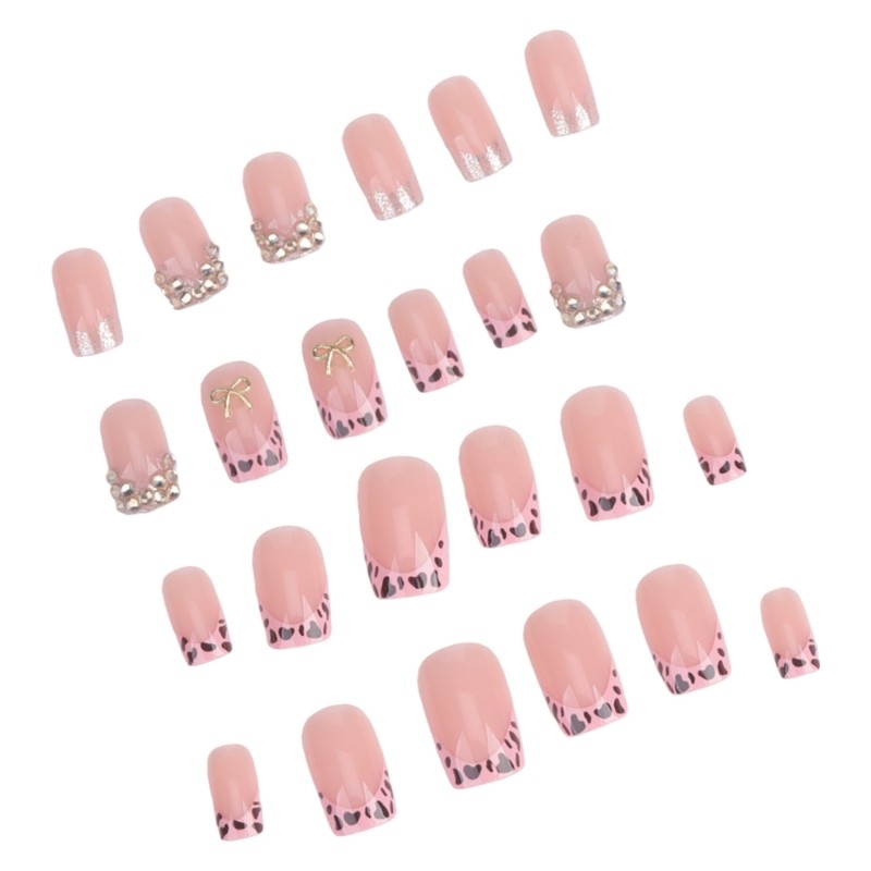 24 Pieces French Tip Nail Press On Nail Short Square False Nail With Rhinestones