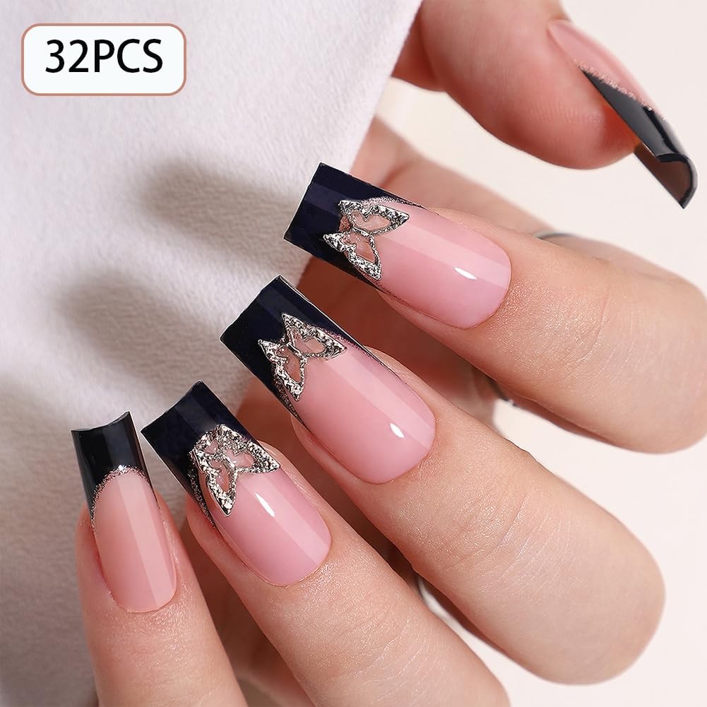 Black French Tip Press On Nails – Long Press On Nails Square Fake Nails with …