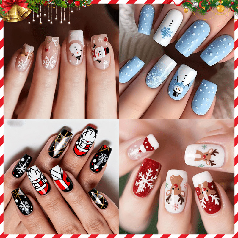 96pcs Christmas Press-on Nails Santa Snowman Snowflake Holiday Party Nails