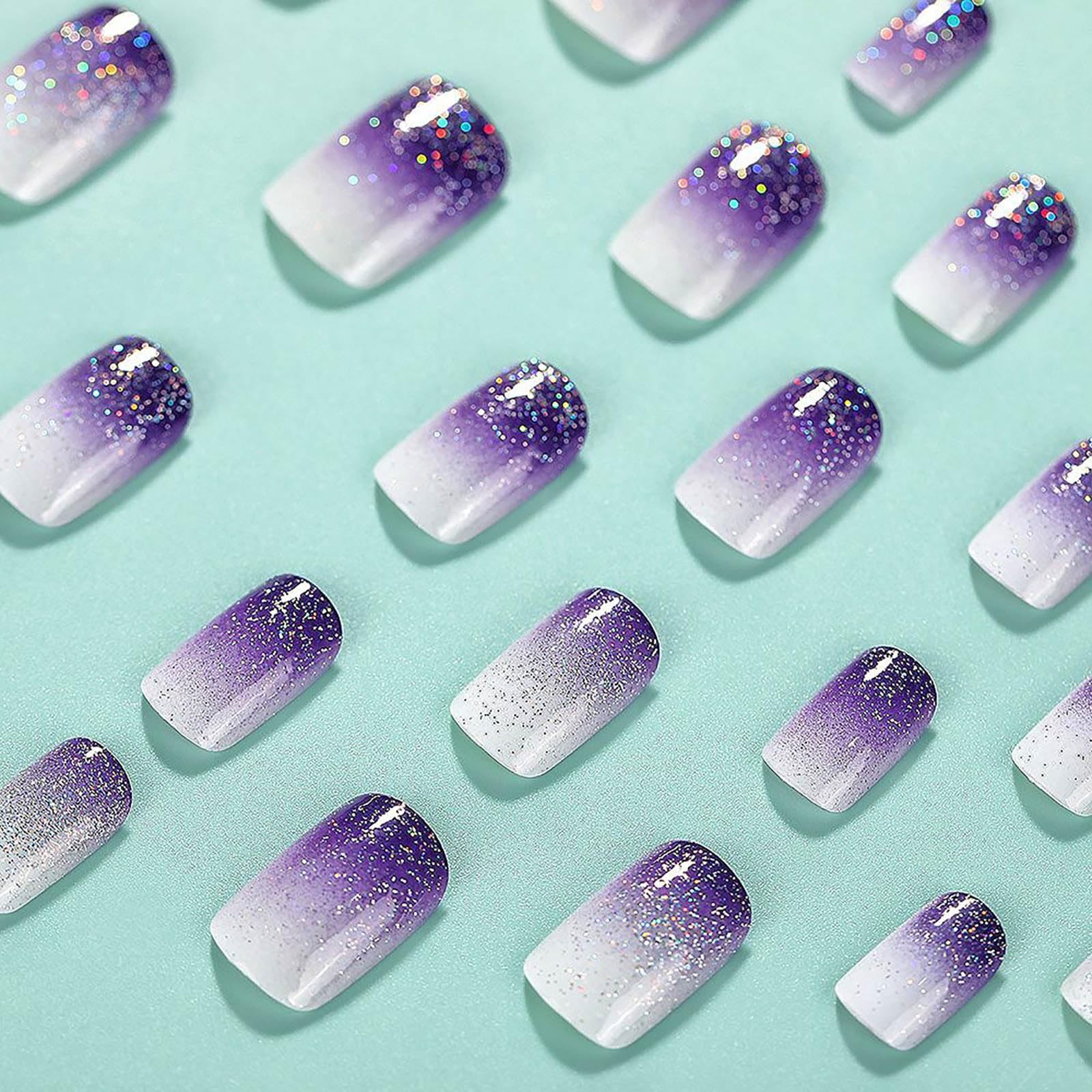 Square Press on Nails Short Fake Nails Purple French Tip False Nails Ombre Glue