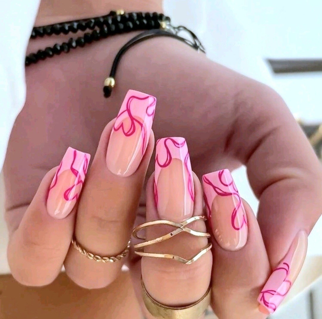 Press-On Nails Clear Pink French Tips w/Dark Pink Hearts Medium/Long Coffin