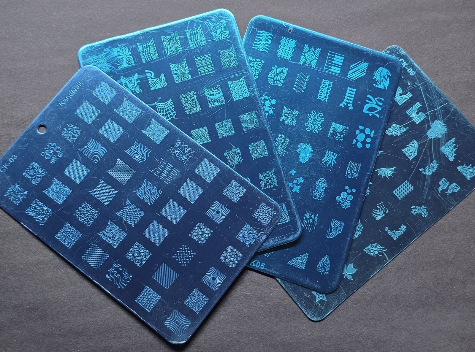 Nail Art Stamp Plates LOT of 4 Ck02 Ck-03 Ck05 Ck-06 Swirl Fruit Leaf French Tip