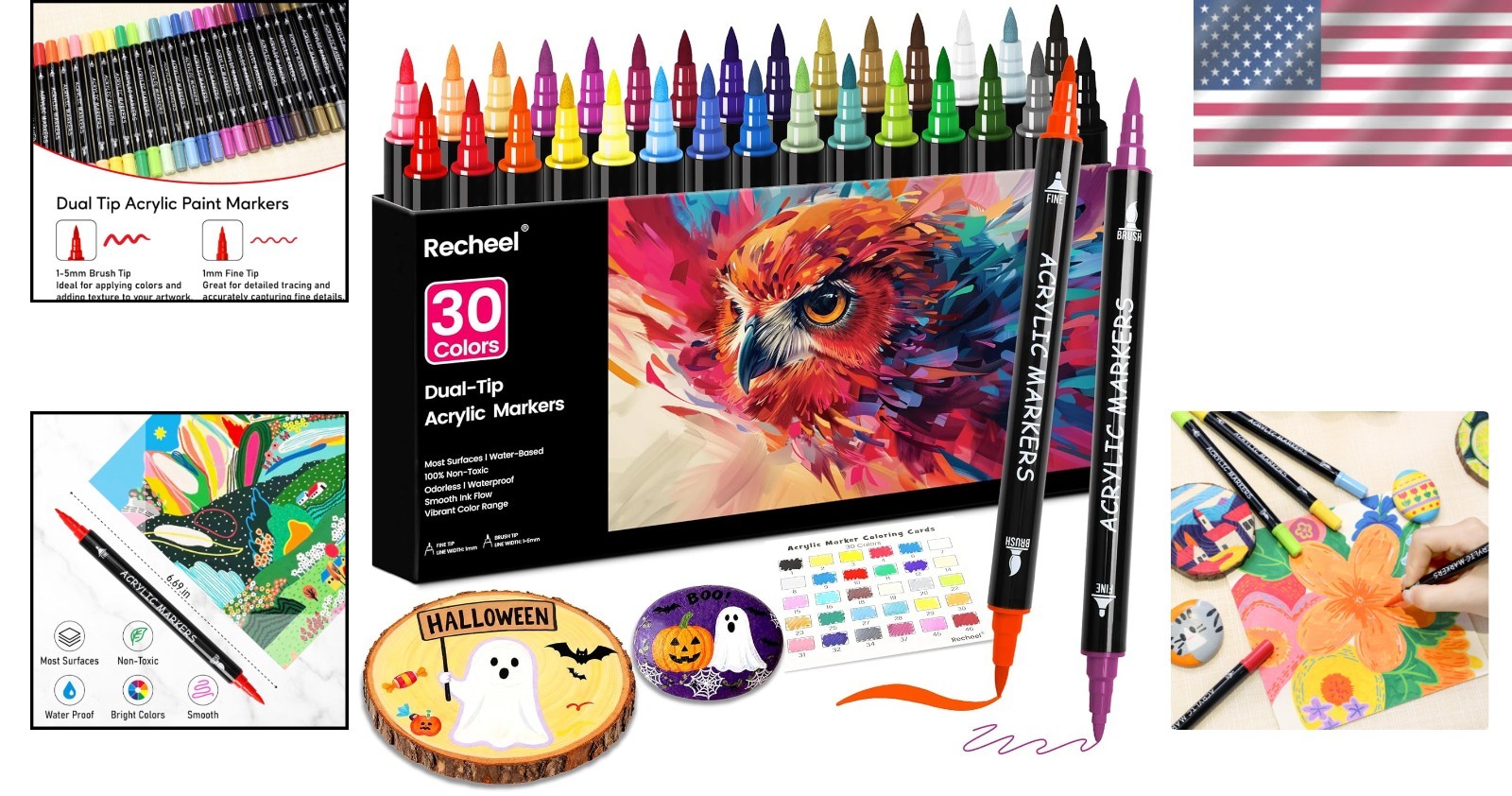 30 Colors Acrylic Paint Markers, Dual Tip Fine and Brush Tips for Detailed Art