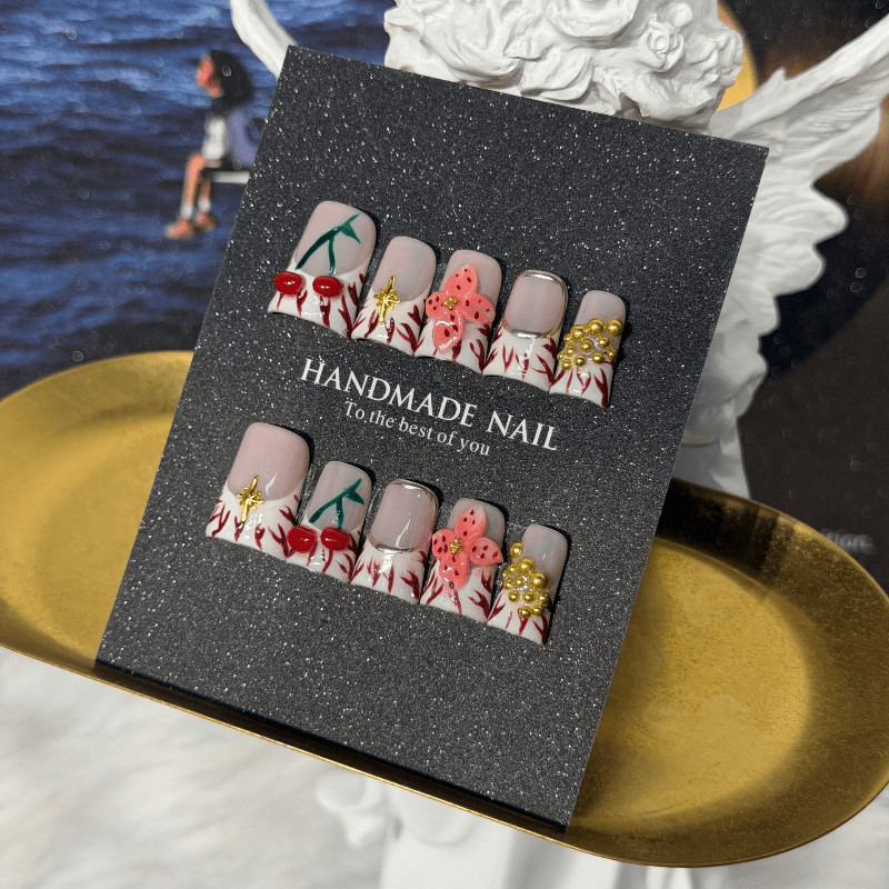 10p Short Square Press on Nails, Nude Red French Tip Cherry Printed Trendy Nails