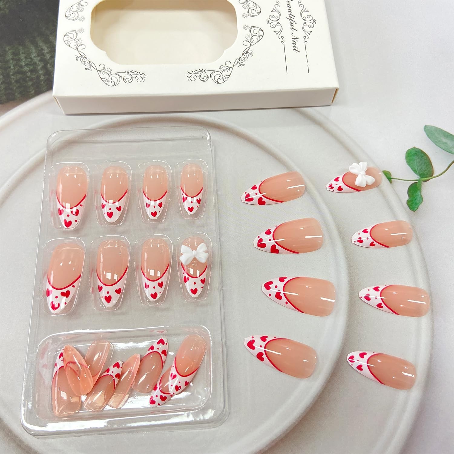 Valentines Press on Nails Medium Almond Fake Nails With Red Heart 3D Bow Char…