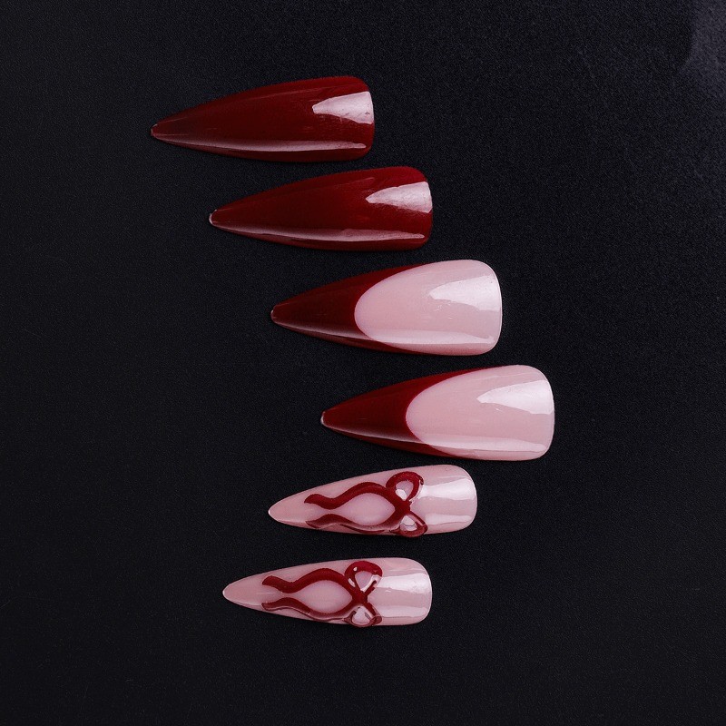 48 Pieces of Red Nude Color Blocked 3D Bow Fake Nails – Removable Nail Art