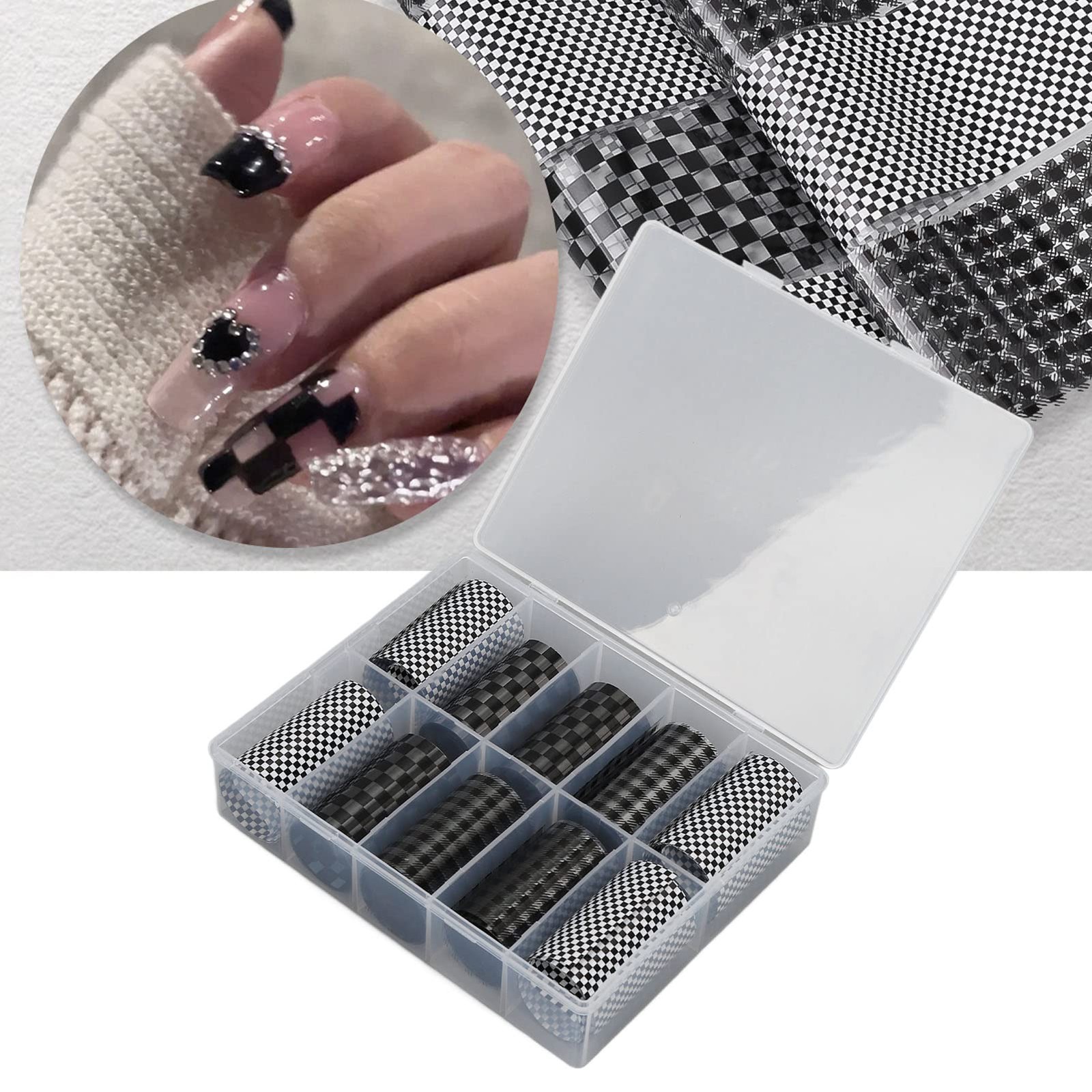 1 Box Nail Foil Transfer Stickers Decals, Print Black White Plaid Nail Art St…