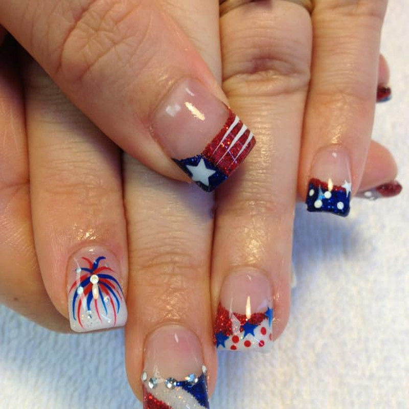 4Th of July Press on Nails Medium Square Fake Nails Flower Fireworks False Nails