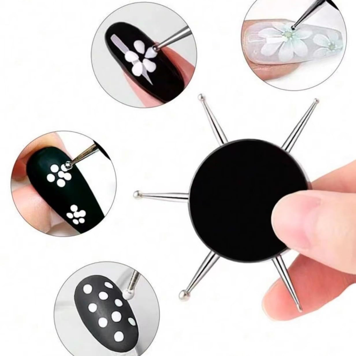 3Pcs Black 6-In-1 Circular Dotting Tools – Professional Nail Art Pens for Dot Pa