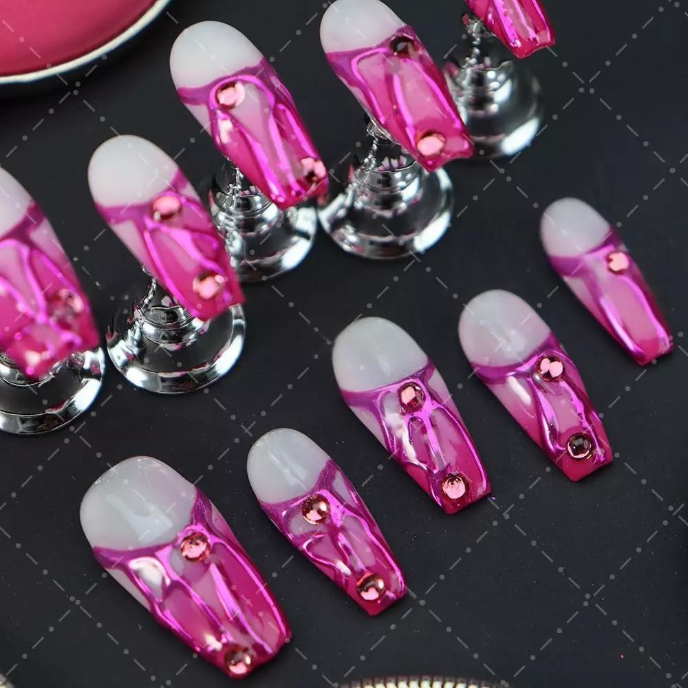 Handmade Coffin False Nail Gradient Rose Red Line Diamond Press On Nail