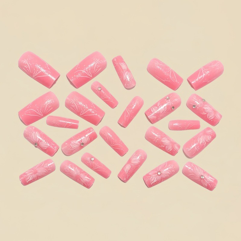 48 Pieces of Pink Flower Spring Medium Long European Square Fake Nail Art