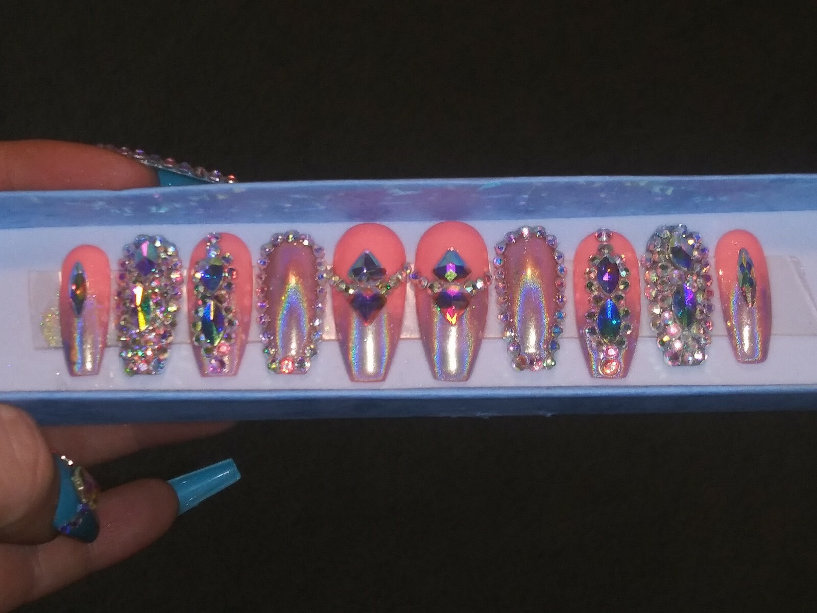 bling coral holographic press on nails coffin crystal diamond chrome metallic