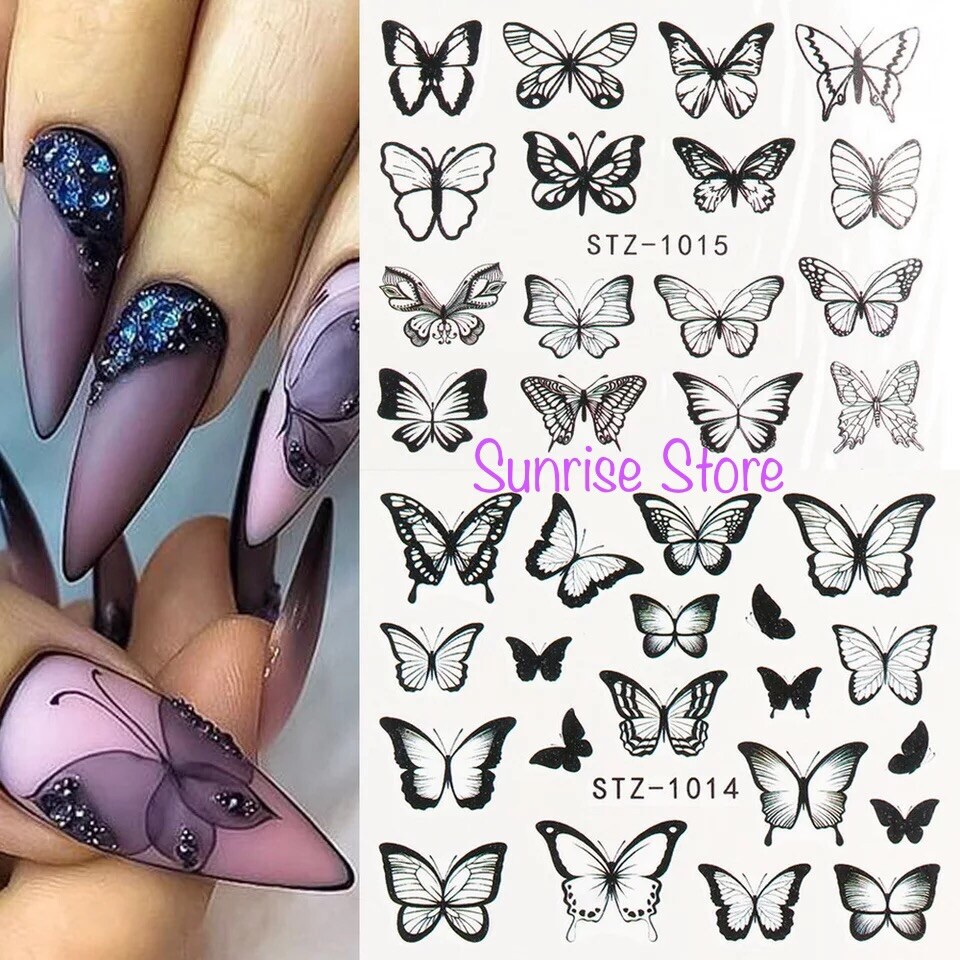 Bundle Sale Nail Art Water Transfer Stickers Black Butterfly Decals Manicure