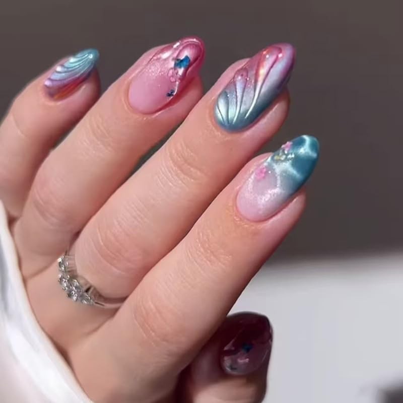 24Pcs Colorful Press on Nails Medium Almond Fake Nails Rainbow Ombre Full Cov…