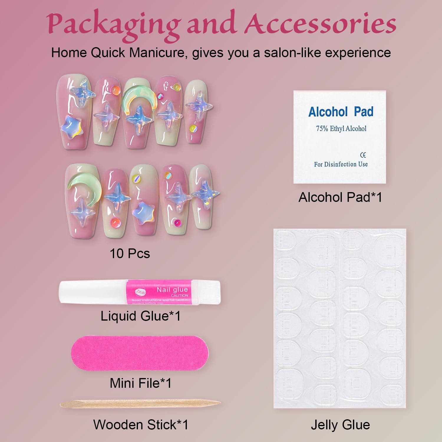 10PCS Handmade Luxury 3D Press-On Nails Reusable Hand-Painted Gel Kit CL-9006-L