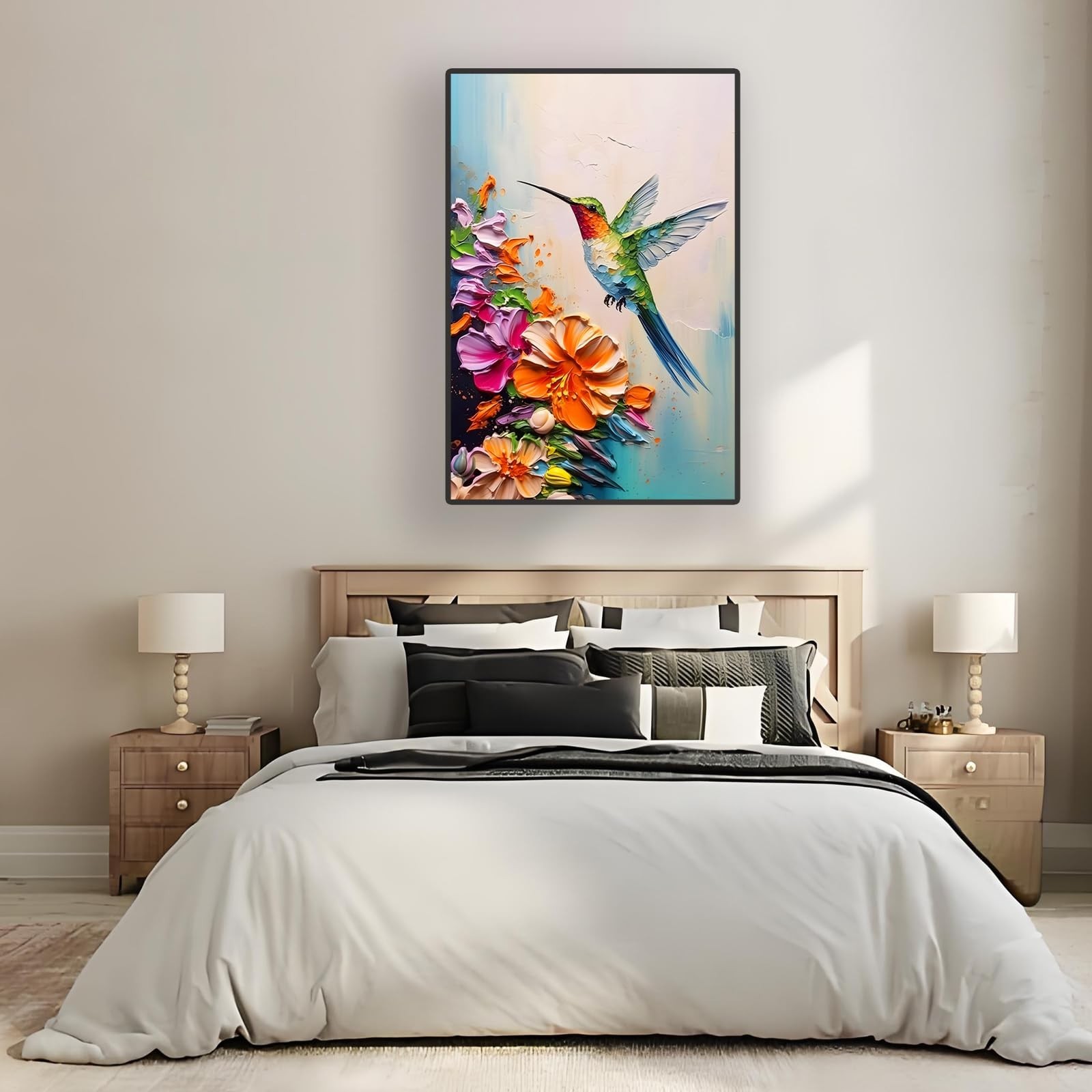 2D No Texture Colorful Painting Style Hummingbird Wall Art,Spring Flowers Can…