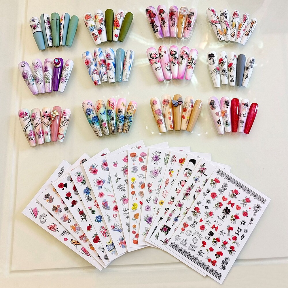 Rose Daisy Heart Love Flower Nail Sticker Geometric Stripes Line Leopard Print