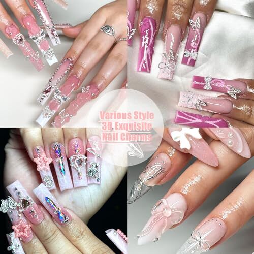 32PCS Bow Nail Charms 3D Silver Heart Shape Nail Art Charm Silver&Pink Bow