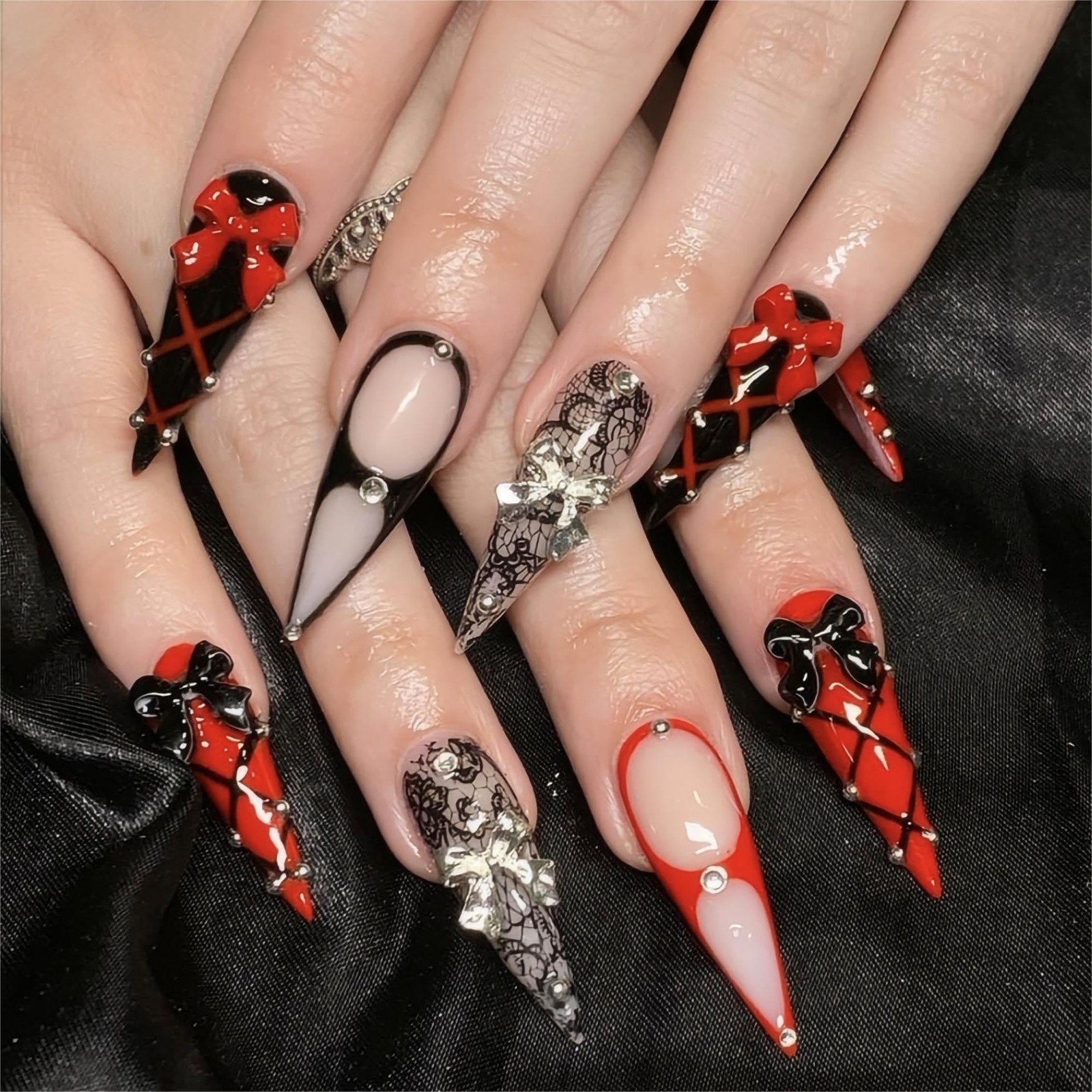 Red Black Lace Bow Long Stiletto Press On Nails, Gothic Fake Nails