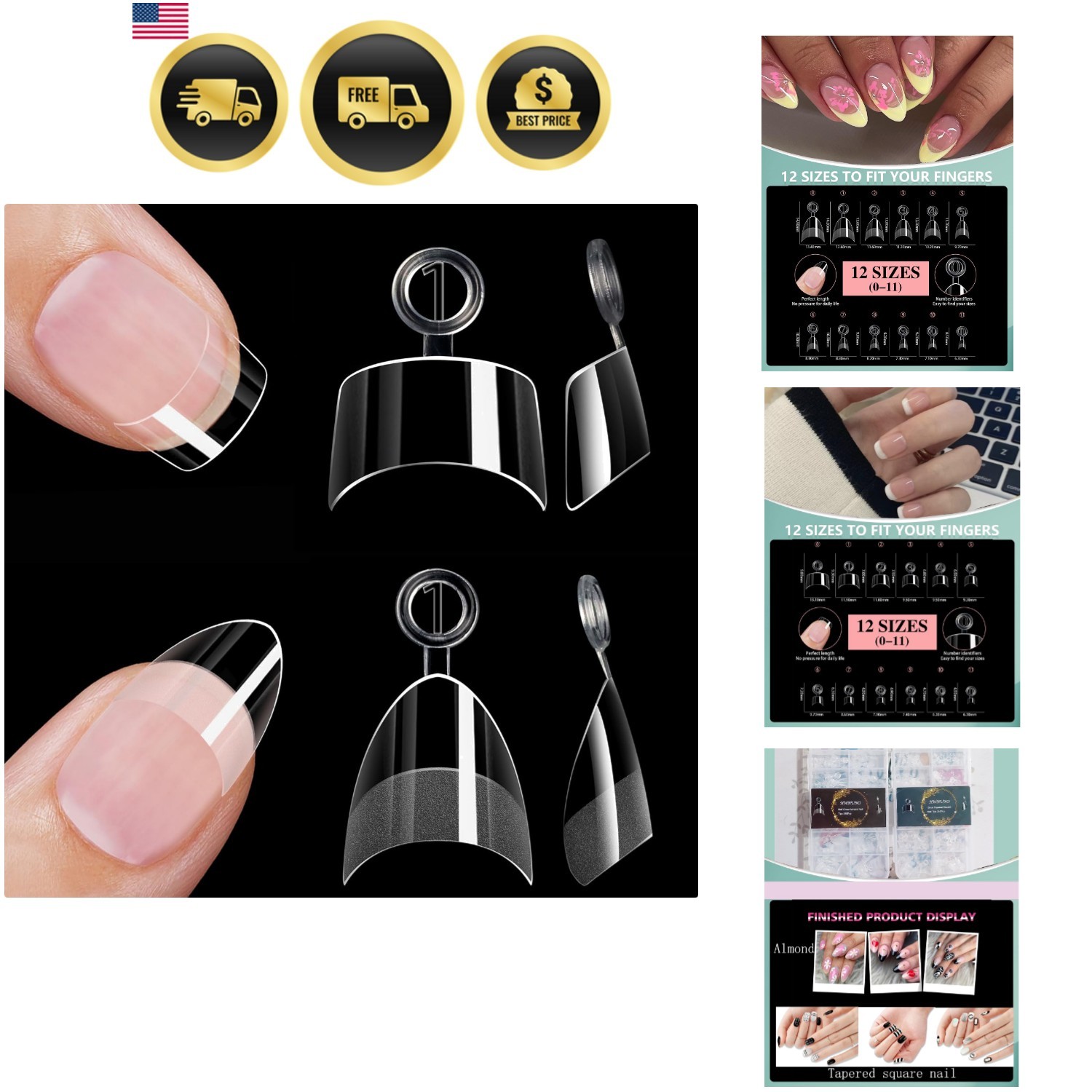 480Pcs Extra Short Half Cover Almond & Tapered Square Nail Tips | Gel x Clear…