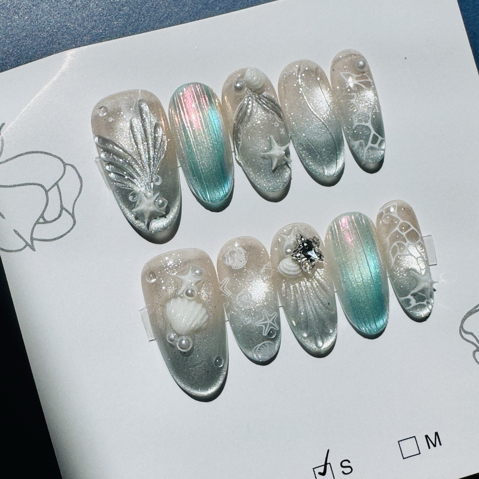 Press-On Nails Long Oval Blue/Beige Ocean Theme Laser 3D Full Cover Handmade