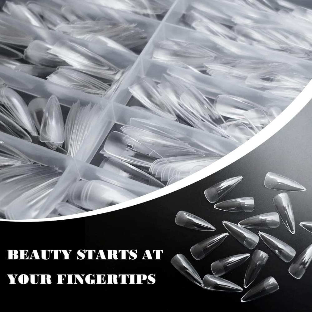 LoveOurHome 600pc Stiletto Gel X Nail Tips Full Cover Clear Fake Nails