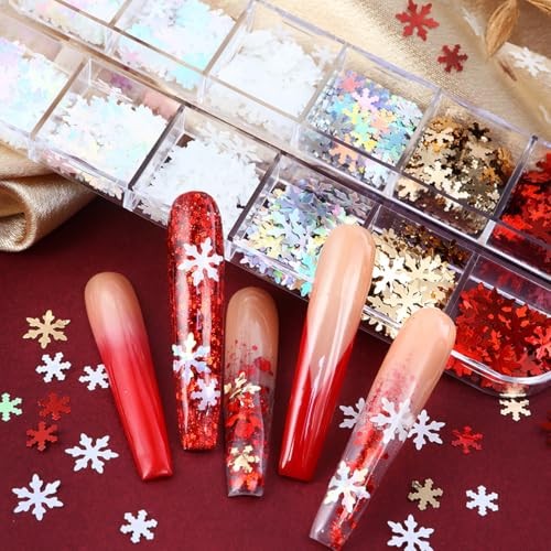 Christmas Snowflake Glitter Nail Sequins, 12 Grids 3D Colorful Mixed Color A