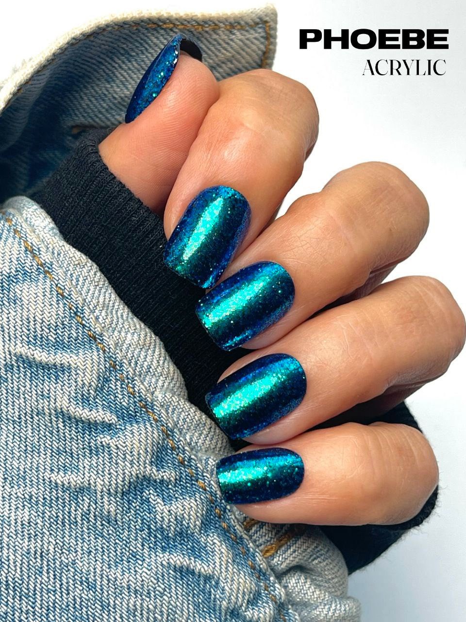 Red Aspen Press On Nails-Petrified Phoebe -ACRYLIC -Short -Squoval-Blue-Glitter