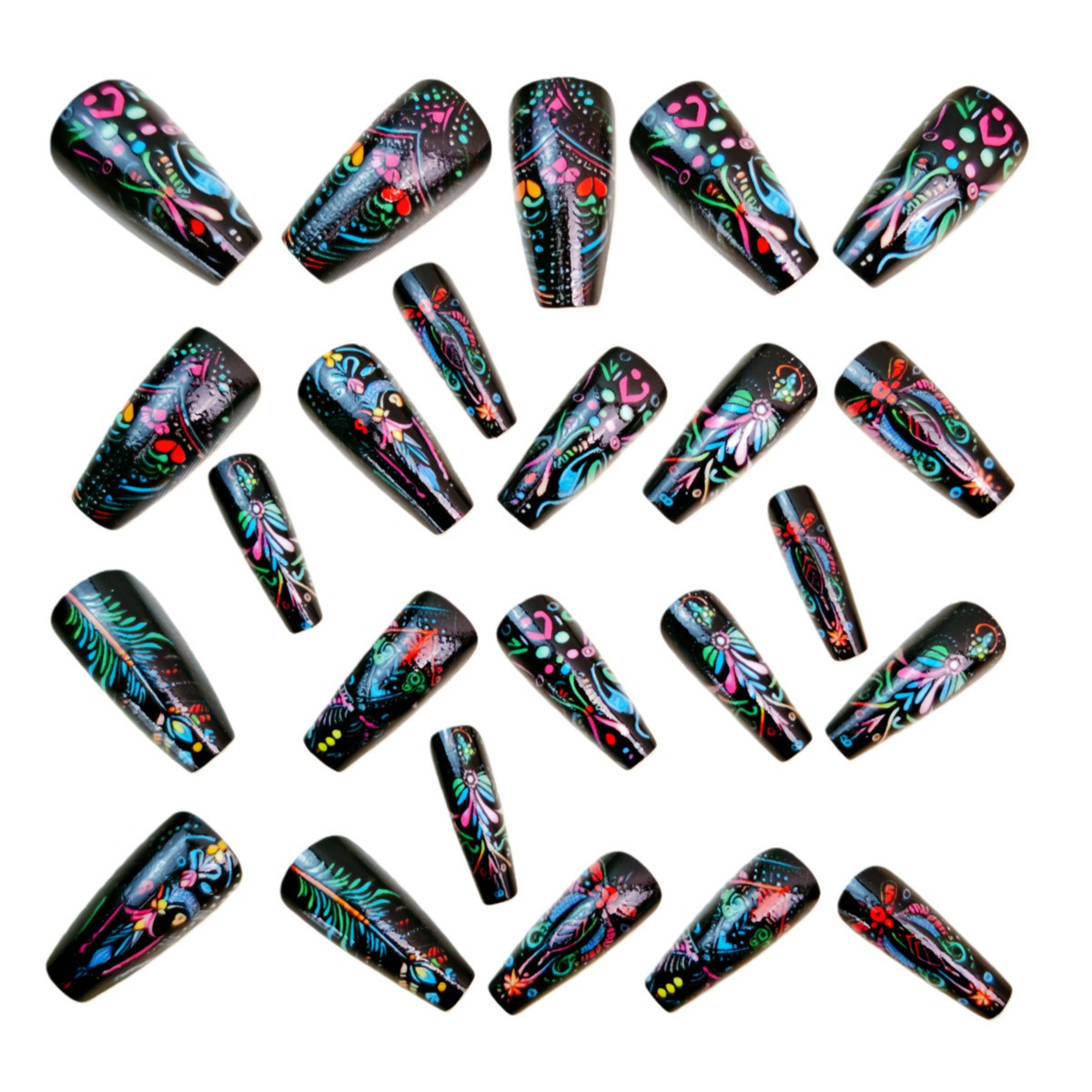 48Pcs Black Neon Press on Nails Tribal Feather Hand Painted Stylish Fake Nails