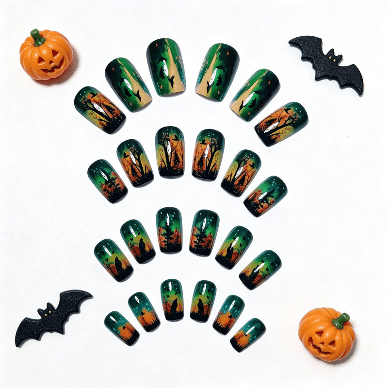 48Pcs Medium Oval Nails, Green Brown Tone, Forest Bird Silhouette