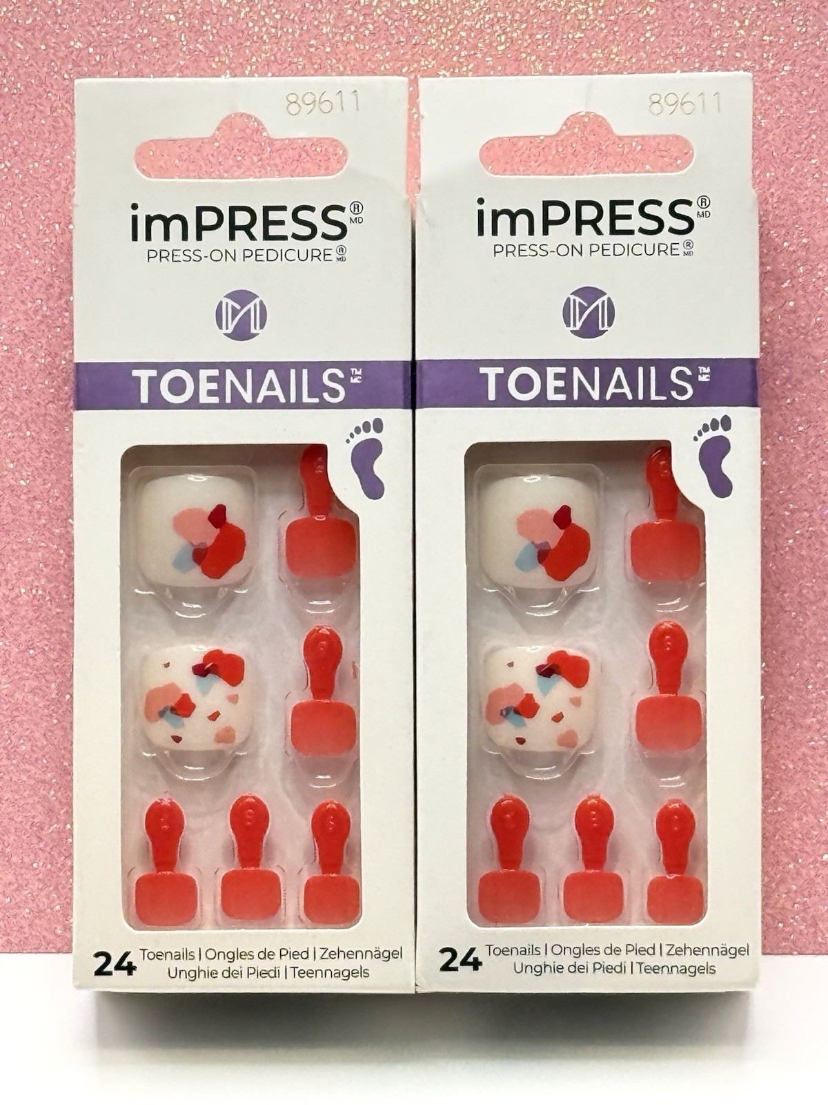 Kiss ImPRESS Press-On Pedicure Toe Nails Coral Red Pink Confetti 89611 Lot Of 2